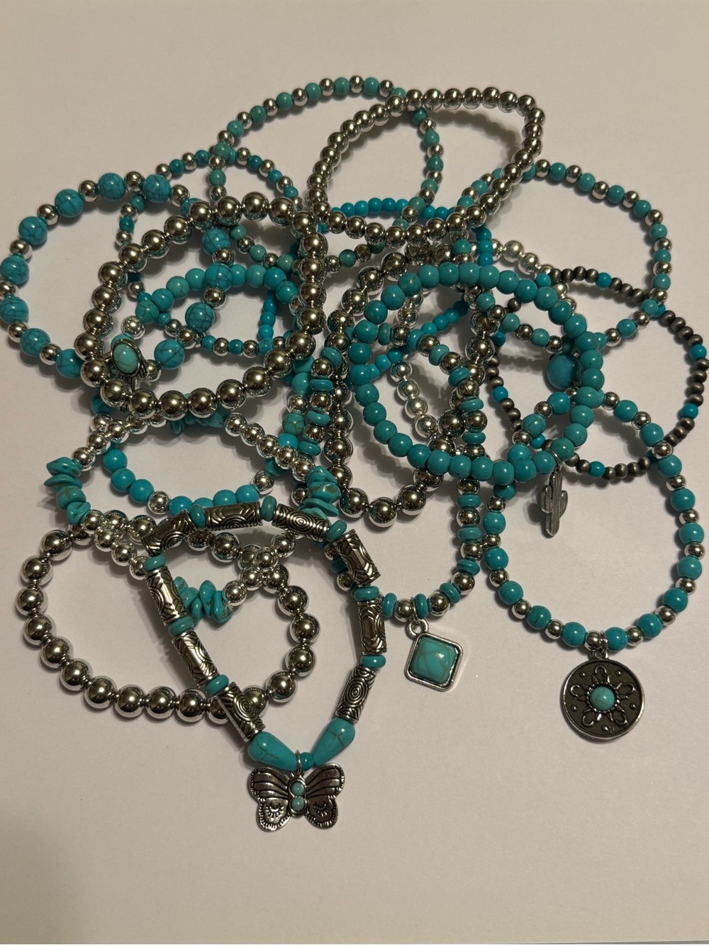 Bundle of Country Western Boho Silver and Turquoise Beaded Stretch Bracelets